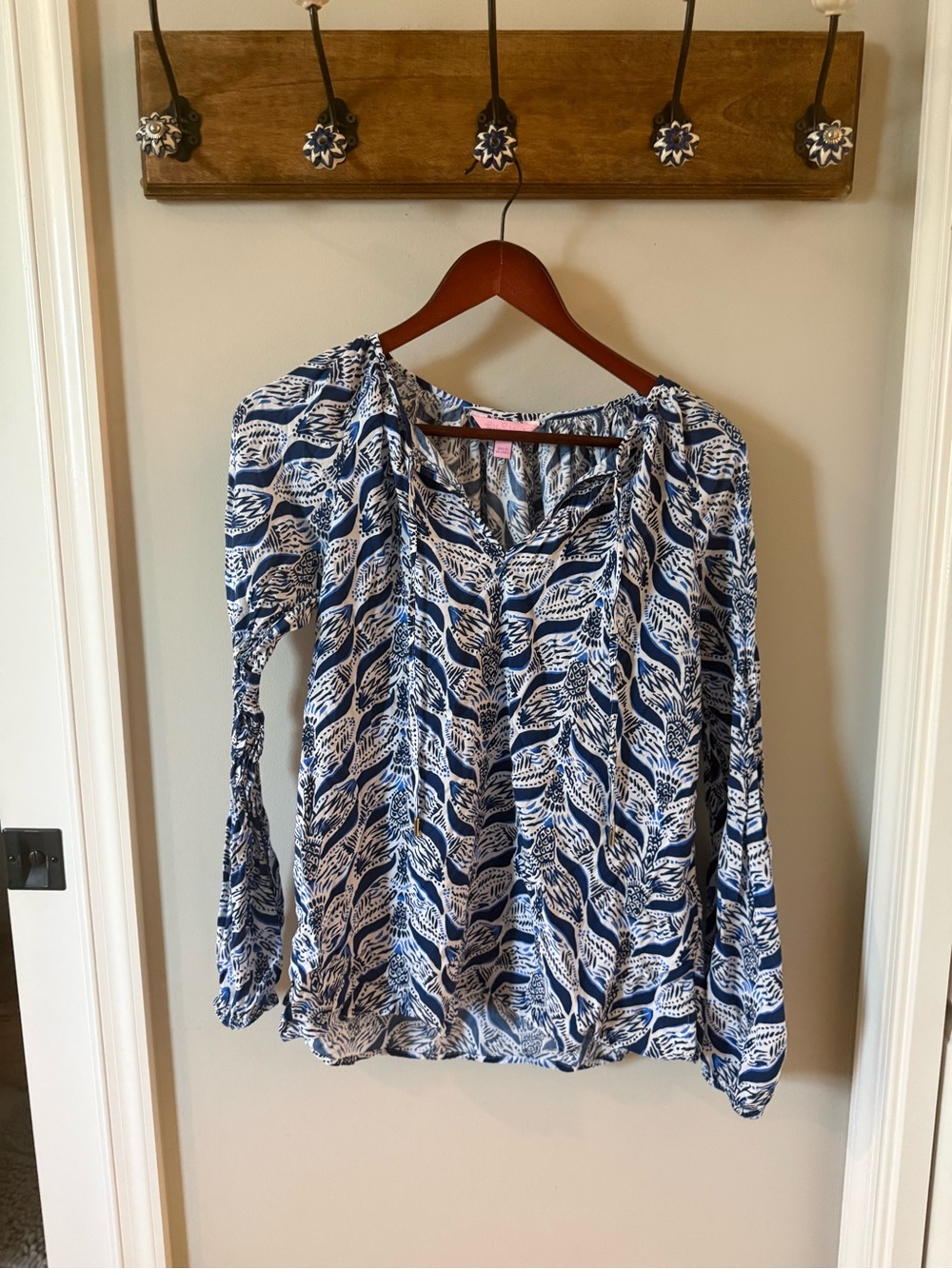 Lilly Pulitzer Navy & White Printed V-Neck Long-Sleeve Blouse